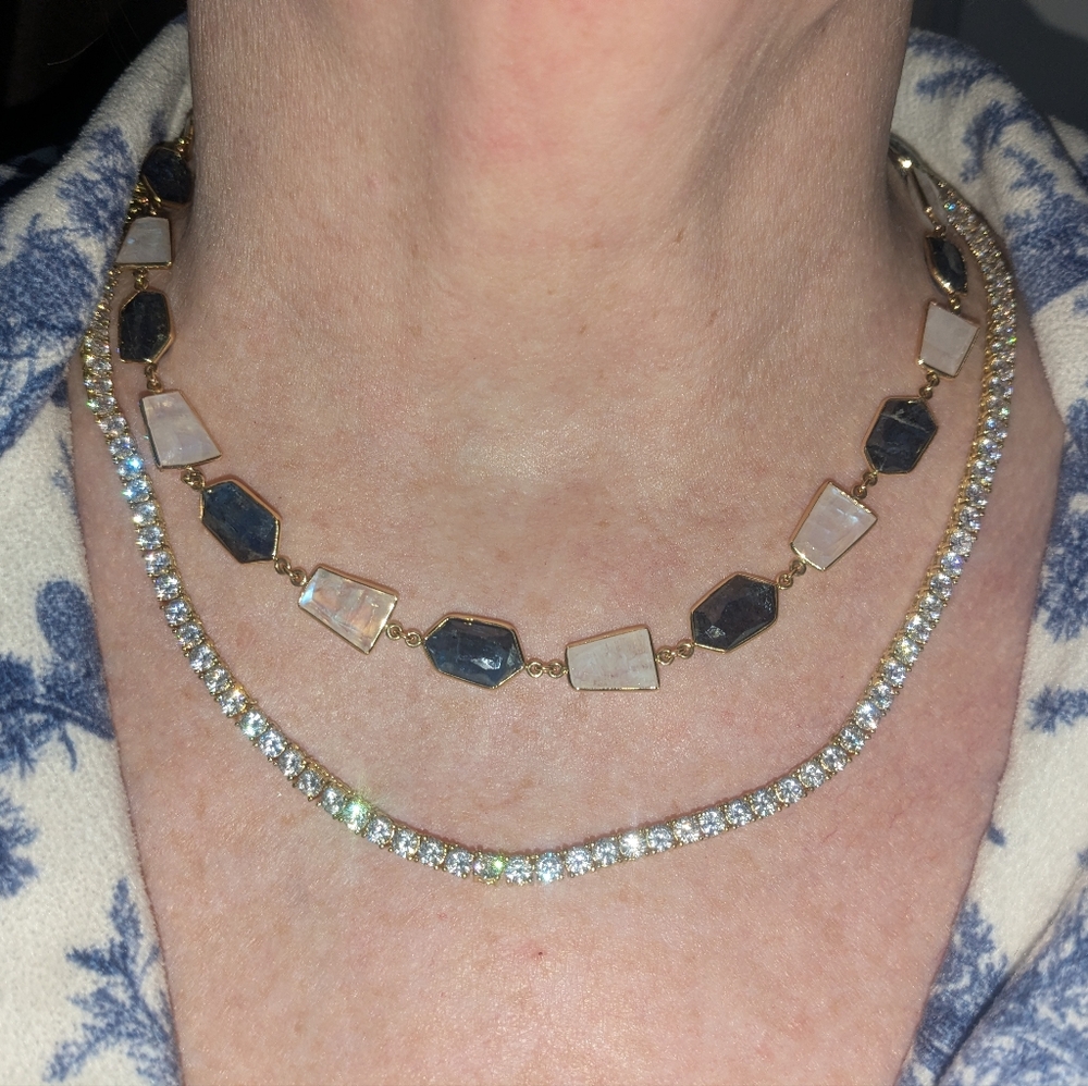 Sold♥18k Yellow Gold Rainbow Moonstone and Blue  Gemstone Station Necklace Allia